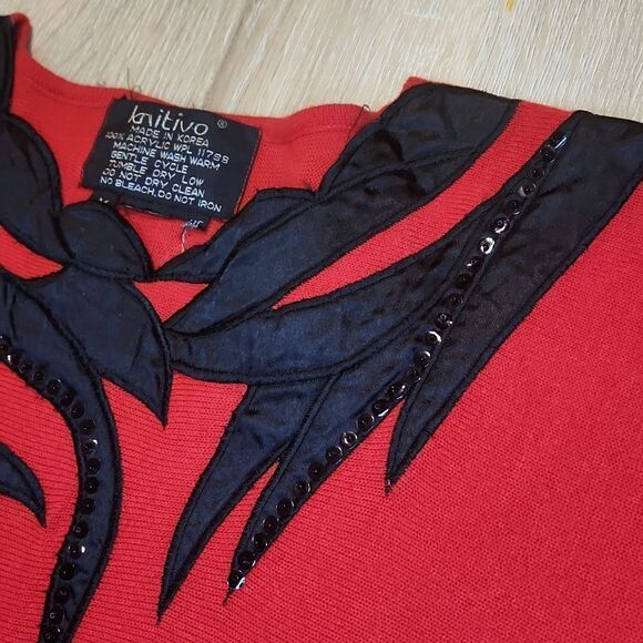 Red & Black 80s 90s Vintage Sweater Knit Longsleeve Applique - Picture 5 of 5